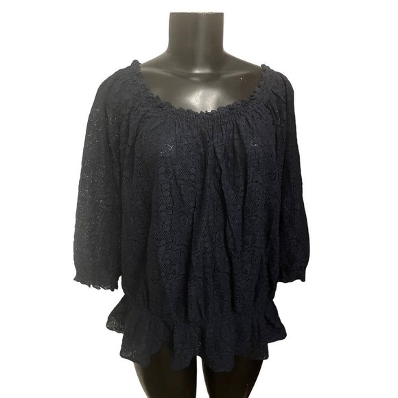 1X Izod Women Sheer Lace Top Elastic Off Shoulder Navy Blue - Picture 3 of 10